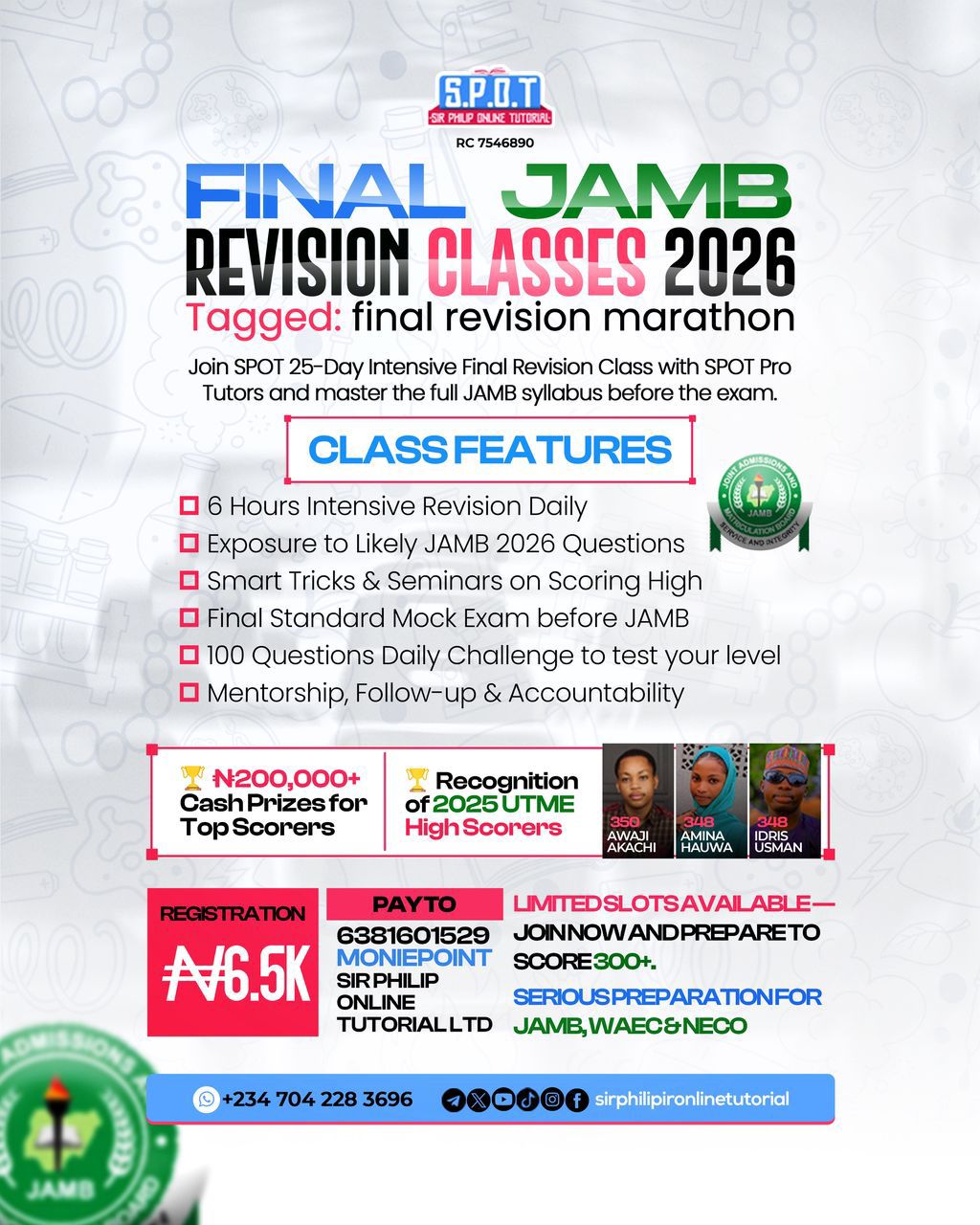 Flyer showing the features of the SPOT final revision class